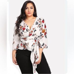 Florals on Cream Faux Wrap Front Flutter Short Sleeve Peplum Blouse Plus Size 2X